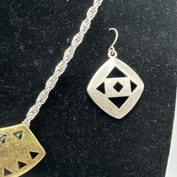 Set Necklace Earrings SilverTone Brass Tribal Geometric Cut Out Rope Chain 18”3” - Picture 5 of 14